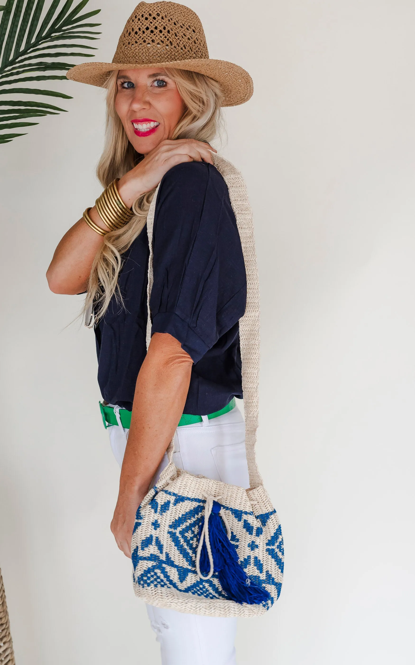 Tribal Straw Crossbody Bucket Bag**