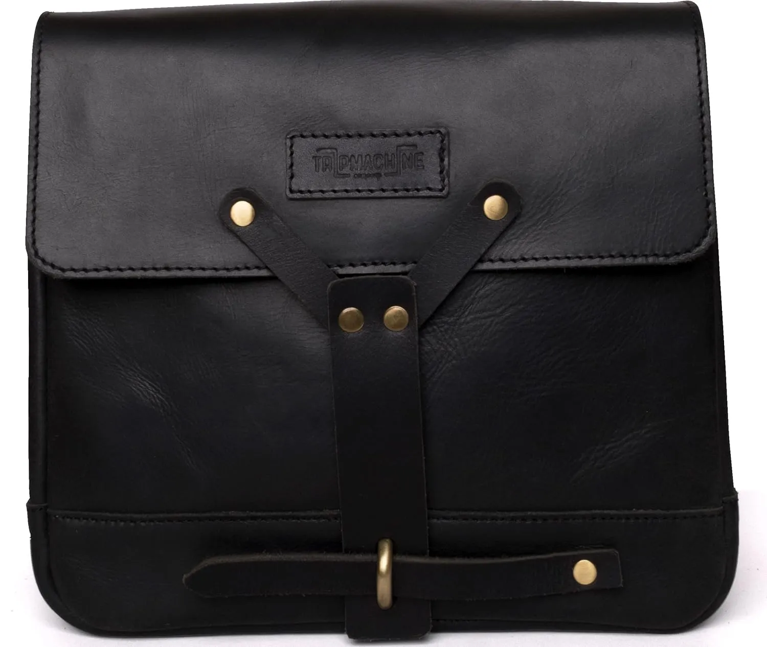 Trip Machine Company Genuine Leather Vintage Handmade Messenger Bag Cross Body Adjustable Shoulder Strap Satchel Motorcycle Mount Pannier - Black, 10"