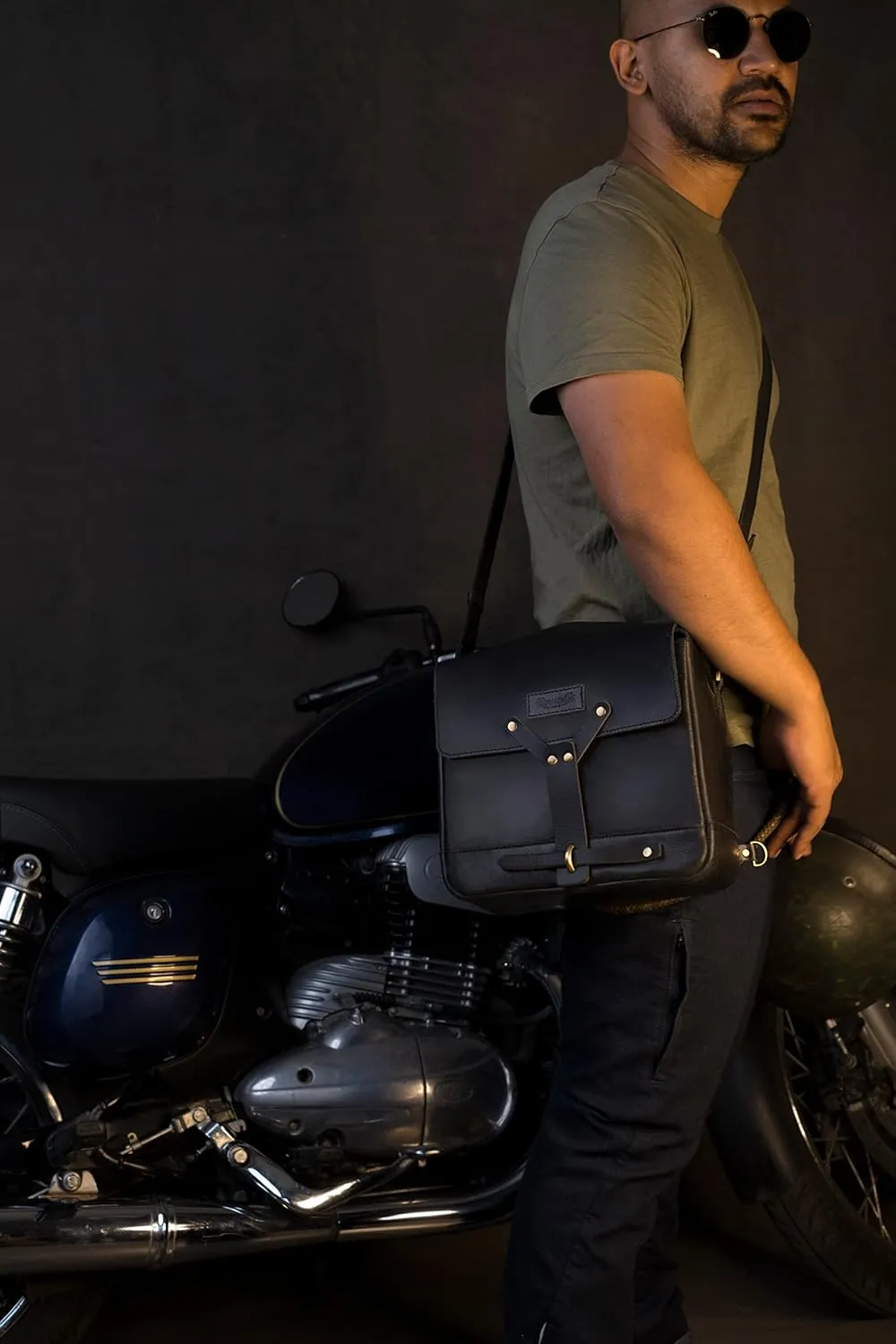 Trip Machine Company Genuine Leather Vintage Handmade Messenger Bag Cross Body Adjustable Shoulder Strap Satchel Motorcycle Mount Pannier - Black, 10"