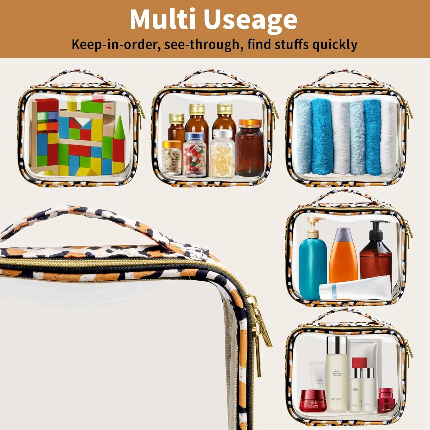 TSA Approved Travel Toiletry Bag,4 Pack Clear Makeup Bags with Handles,Quart Size Clear Cosmetic Bags for Traveling Women,Men,Carry on Airport Airline Compliant Bag,Leopard