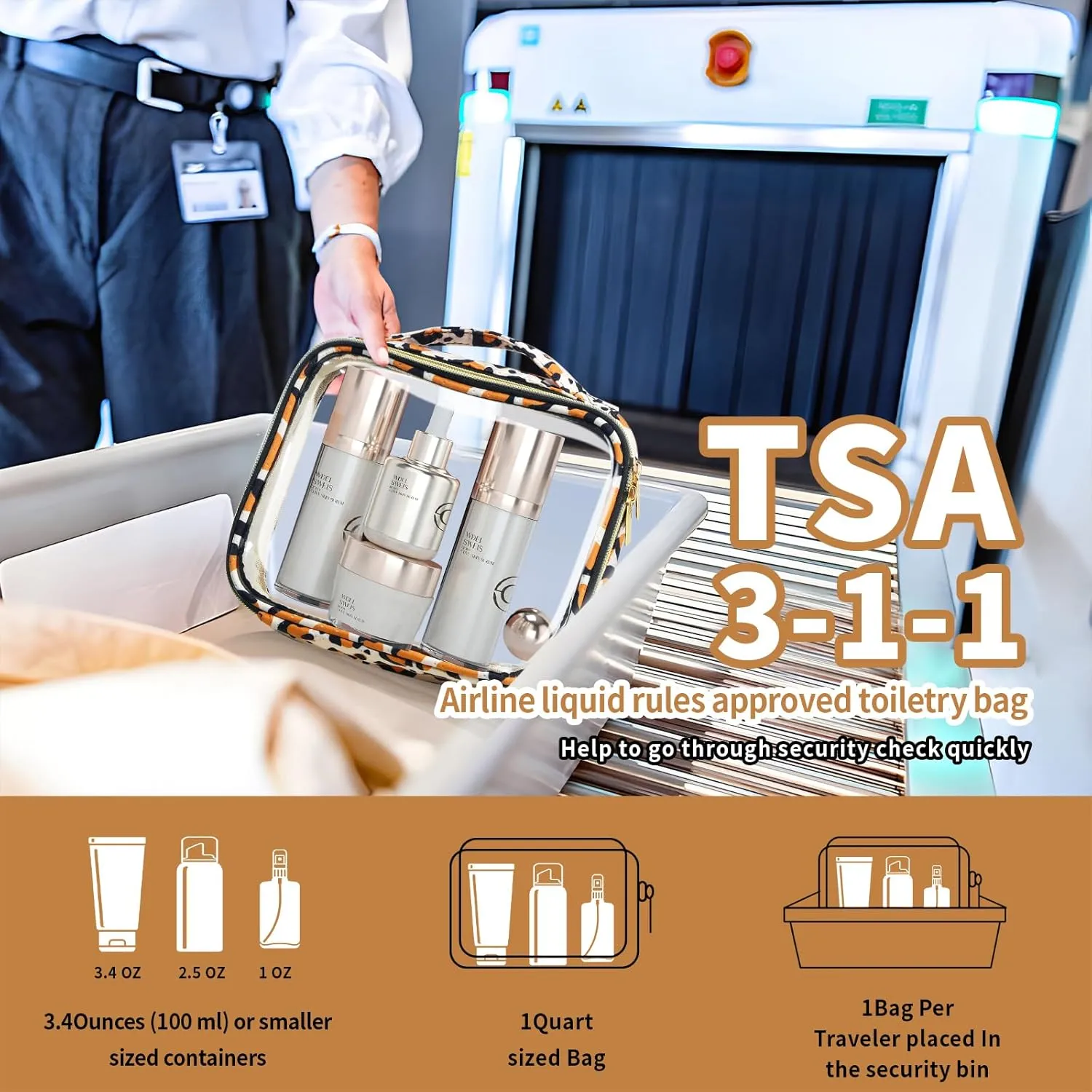 TSA Approved Travel Toiletry Bag,4 Pack Clear Makeup Bags with Handles,Quart Size Clear Cosmetic Bags for Traveling Women,Men,Carry on Airport Airline Compliant Bag,Leopard