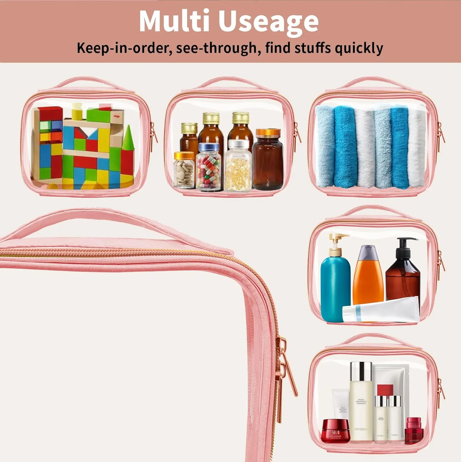 TSA Approved Travel Toiletry Bag,4 Pack Clear Makeup Bags with Handles,Quart Size Clear Cosmetic Bags for Traveling Women,Men,Carry on Airport Airline Compliant Bag,Pink