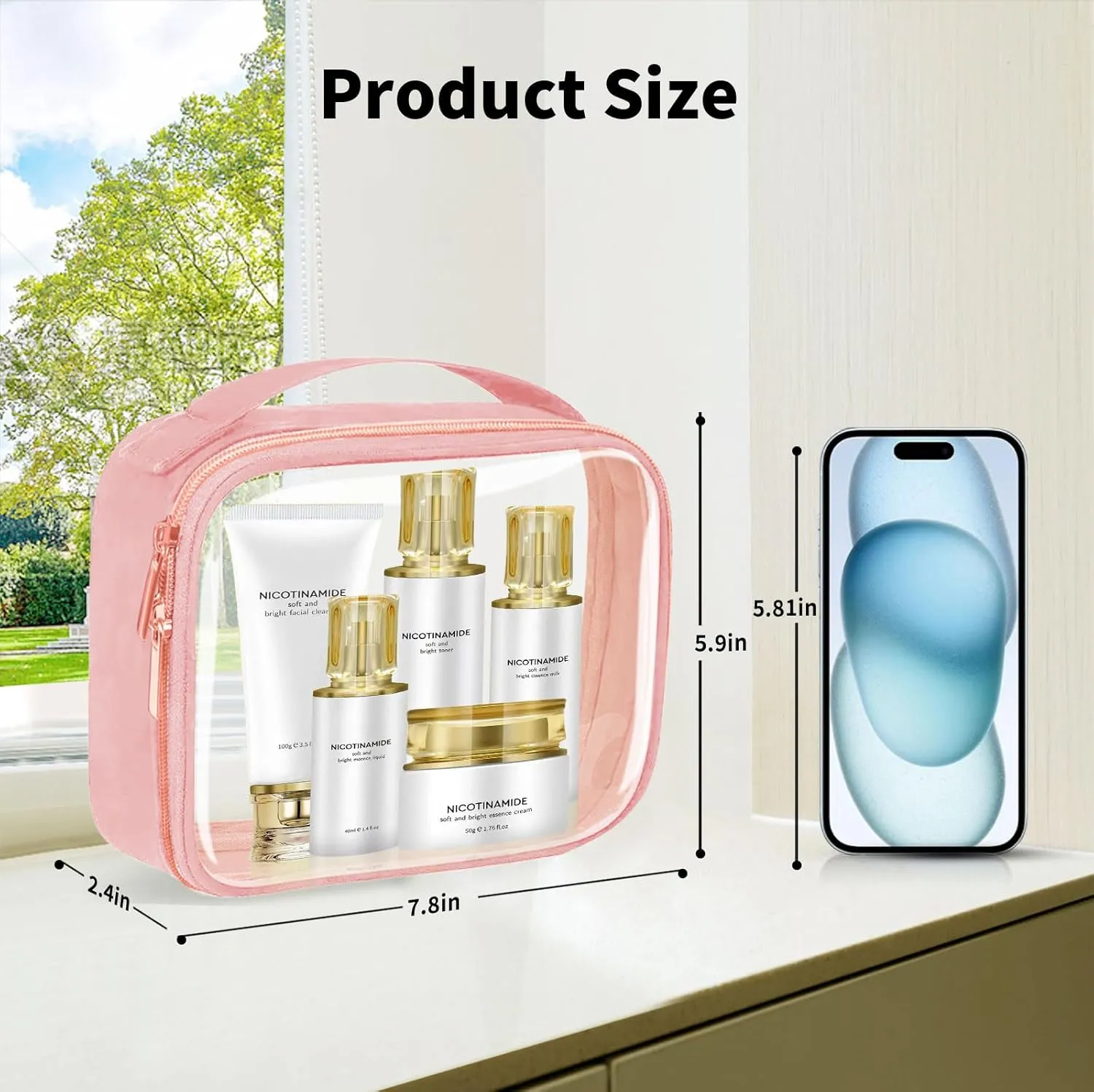 TSA Approved Travel Toiletry Bag,4 Pack Clear Makeup Bags with Handles,Quart Size Clear Cosmetic Bags for Traveling Women,Men,Carry on Airport Airline Compliant Bag,Pink