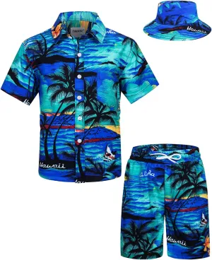 TUNEVUSE Little & Big Boys Hawaiian Button Down Shirts and Short Sets with Bucket Hat Summer Outfits Printed Kids Cabana Set