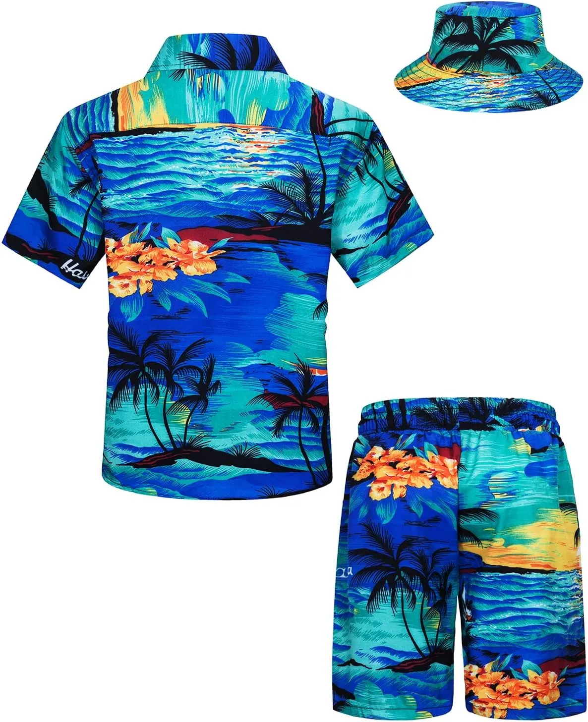 TUNEVUSE Little & Big Boys Hawaiian Button Down Shirts and Short Sets with Bucket Hat Summer Outfits Printed Kids Cabana Set