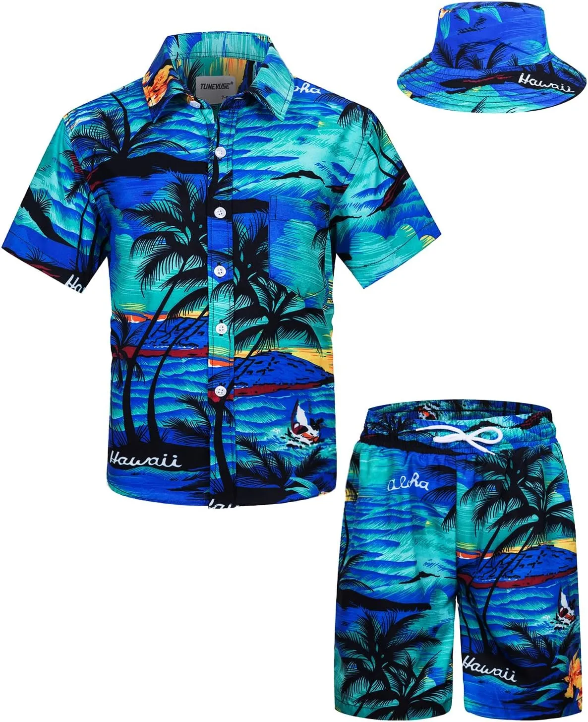 TUNEVUSE Little & Big Boys Hawaiian Button Down Shirts and Short Sets with Bucket Hat Summer Outfits Printed Kids Cabana Set