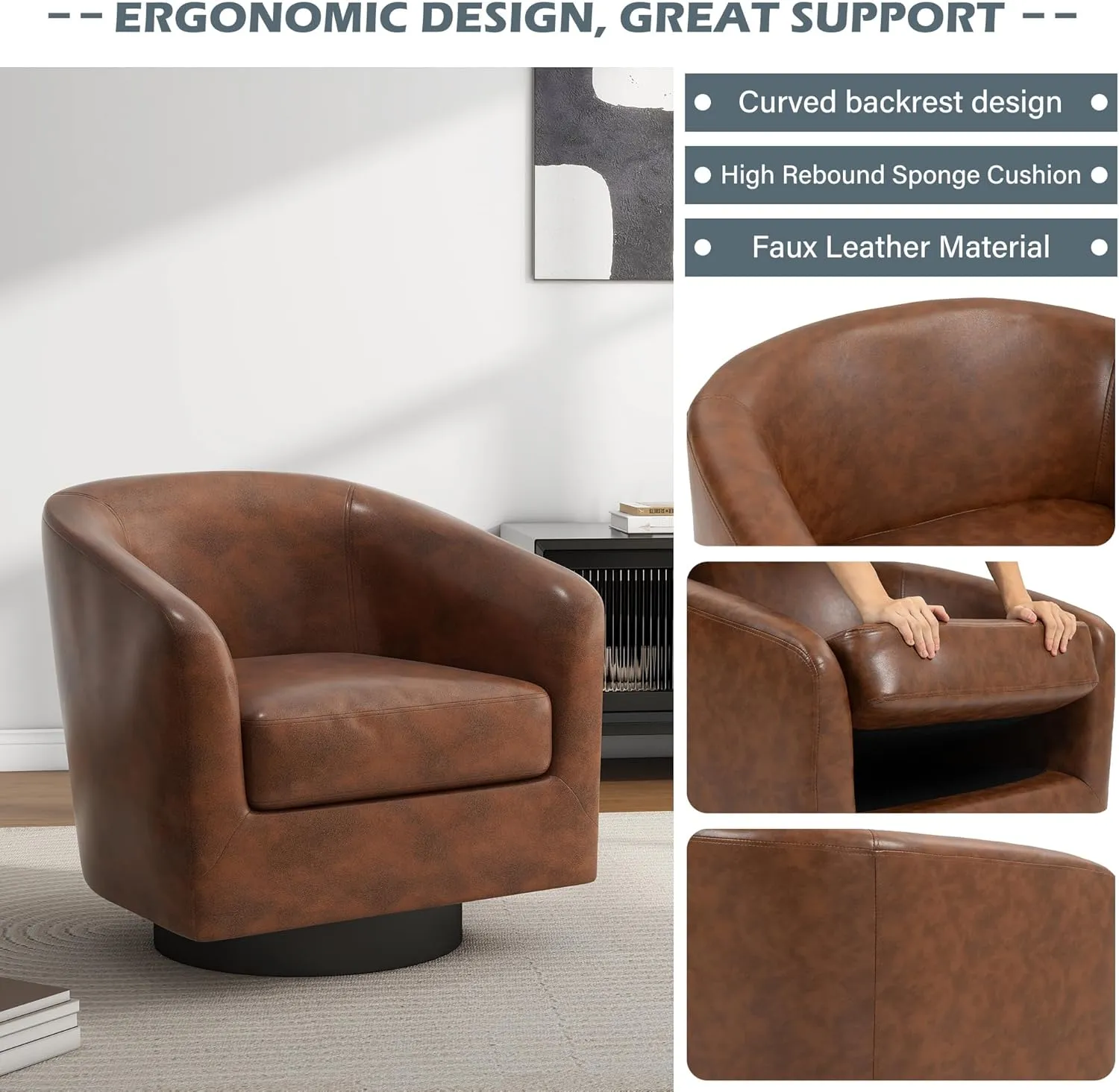 UIXE 360° Swivel Barrel Accent Chair Armchair, Faux Leather Modern Round Club Arm Chair Upholstered Single Sofa Seating Corner Nook Side Reading Seat for Living Room, Office, Bedroom - Coffee Brown