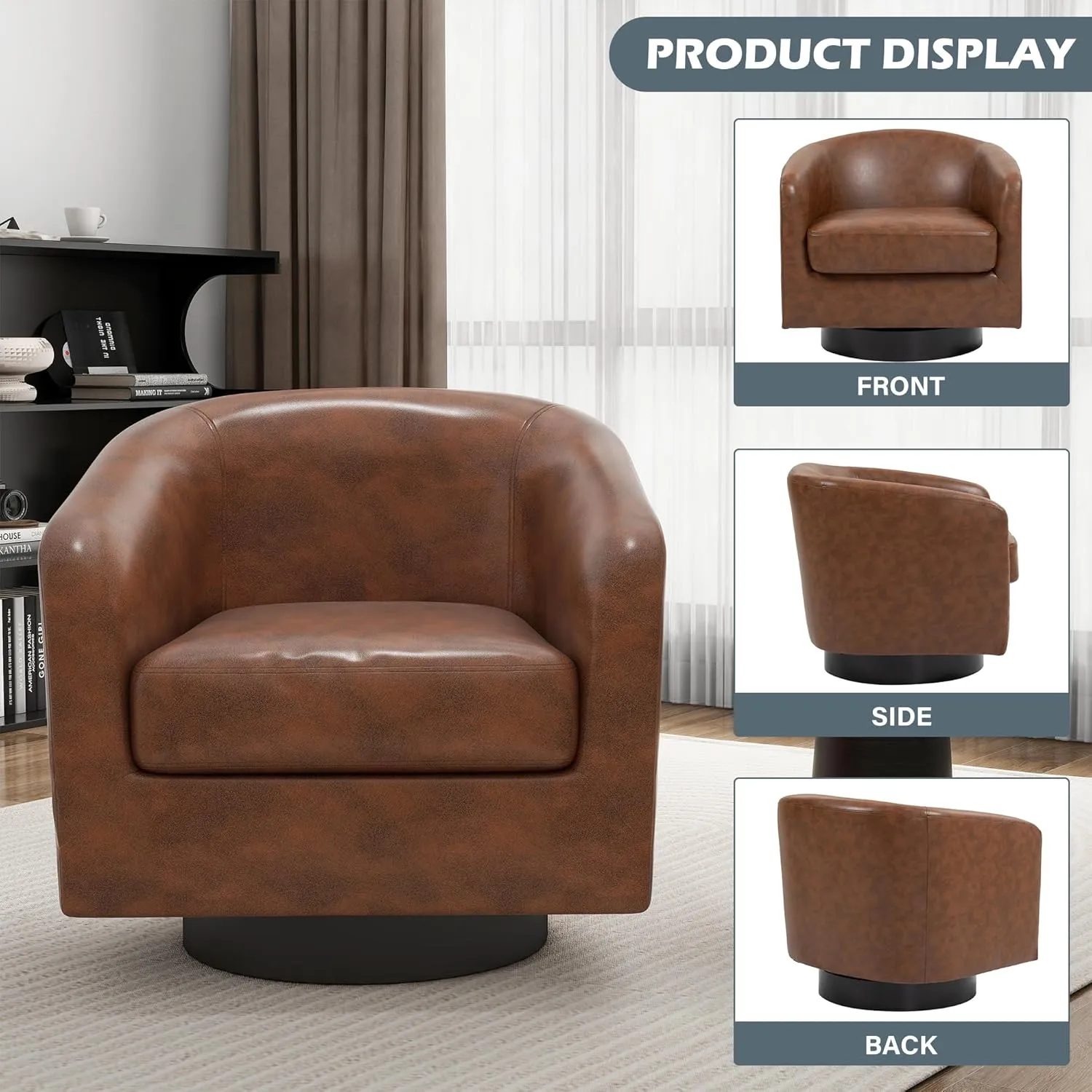 UIXE 360° Swivel Barrel Accent Chair Armchair, Faux Leather Modern Round Club Arm Chair Upholstered Single Sofa Seating Corner Nook Side Reading Seat for Living Room, Office, Bedroom - Coffee Brown
