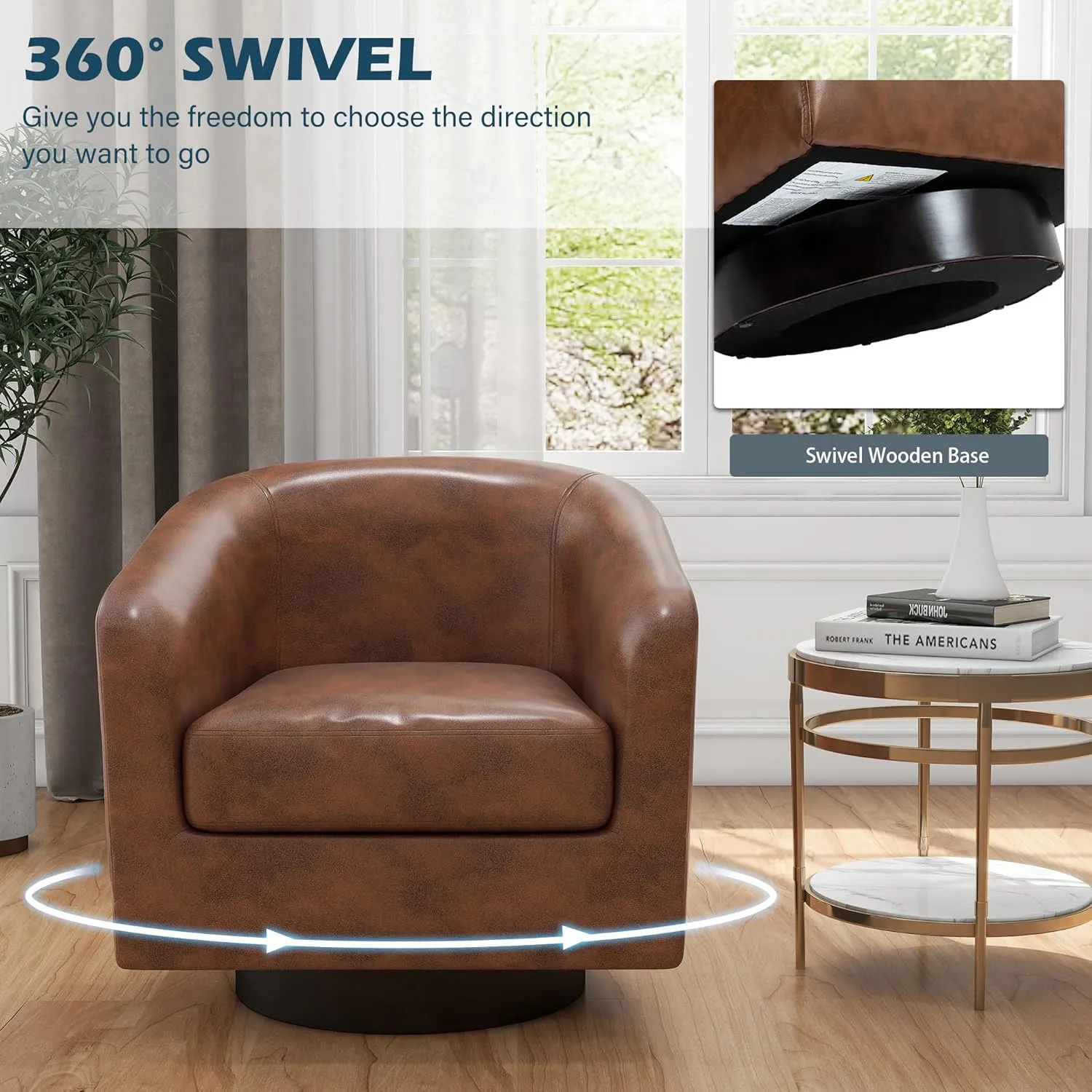 UIXE 360° Swivel Barrel Accent Chair Armchair, Faux Leather Modern Round Club Arm Chair Upholstered Single Sofa Seating Corner Nook Side Reading Seat for Living Room, Office, Bedroom - Coffee Brown