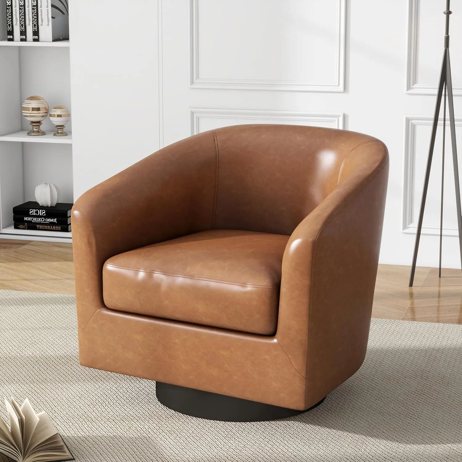 UIXE Faux Leather Swivel Barrel Accent Chair, Upholstered Armchair Club Chair for Living Room, Round Arm Chair Bedroom Single Sofa Reading Seat - Brown