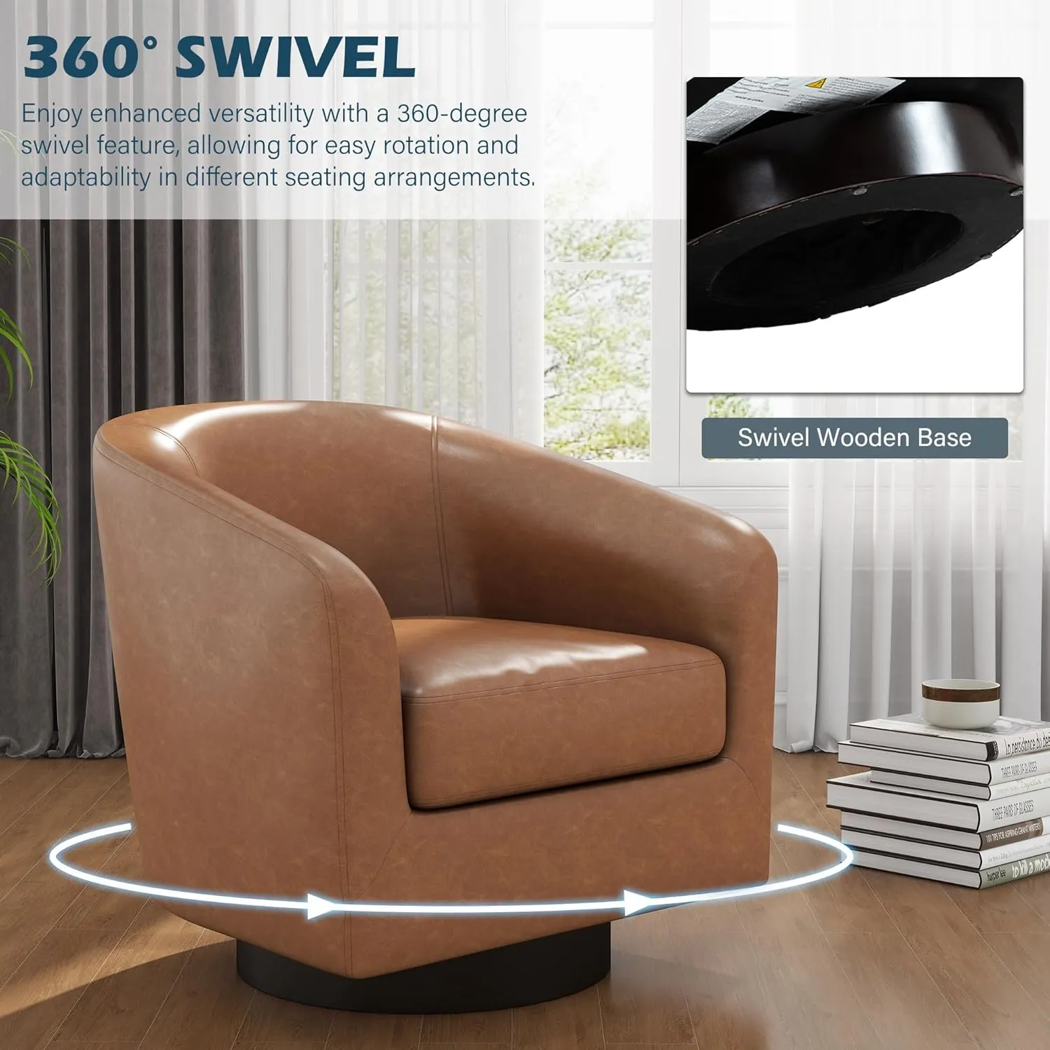 UIXE Faux Leather Swivel Barrel Accent Chair, Upholstered Armchair Club Chair for Living Room, Round Arm Chair Bedroom Single Sofa Reading Seat - Brown