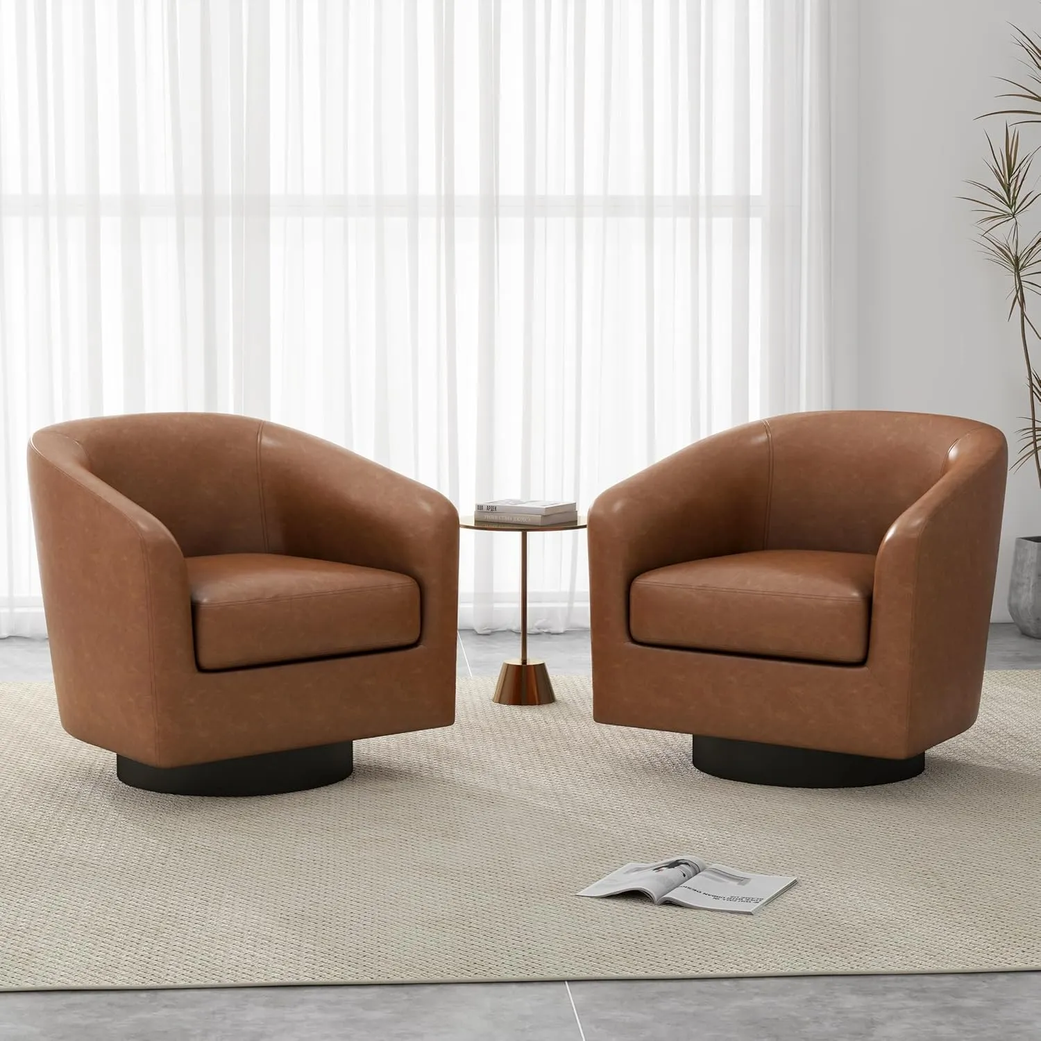 UIXE Faux Leather Swivel Barrel Accent Chair, Upholstered Armchair Club Chair for Living Room, Round Arm Chair Bedroom Single Sofa Reading Seat - Brown