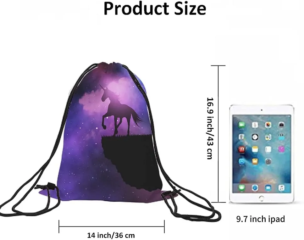 Unicorn Drawstring Bags Backpack Bag Purple Galaxy Space Magic Starry Night Sky Animal Silhouette Stars Sport Gym Sack Drawstring Bag String Bag Yoga Bag for Men Women
