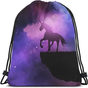 Unicorn Drawstring Bags Backpack Bag Purple Galaxy Space Magic Starry Night Sky Animal Silhouette Stars Sport Gym Sack Drawstring Bag String Bag Yoga Bag for Men Women