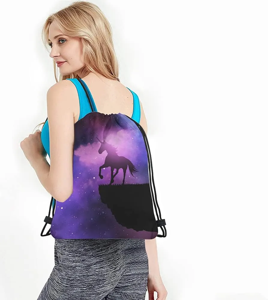 Unicorn Drawstring Bags Backpack Bag Purple Galaxy Space Magic Starry Night Sky Animal Silhouette Stars Sport Gym Sack Drawstring Bag String Bag Yoga Bag for Men Women
