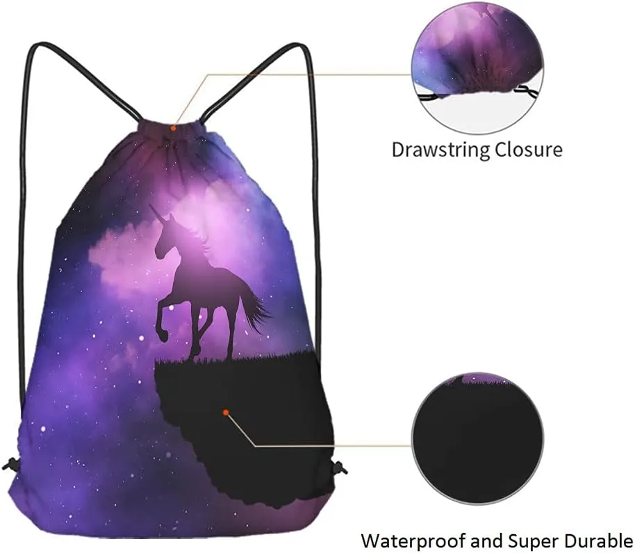 Unicorn Drawstring Bags Backpack Bag Purple Galaxy Space Magic Starry Night Sky Animal Silhouette Stars Sport Gym Sack Drawstring Bag String Bag Yoga Bag for Men Women