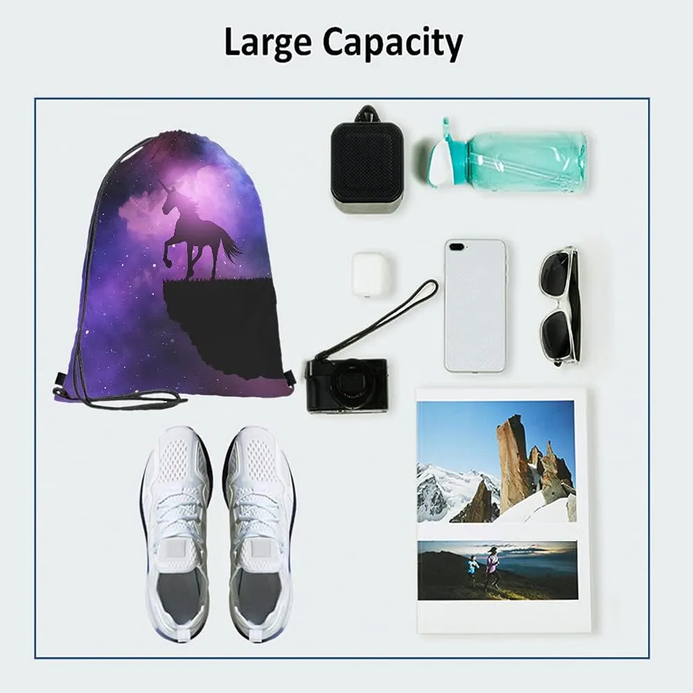 Unicorn Drawstring Bags Backpack Bag Purple Galaxy Space Magic Starry Night Sky Animal Silhouette Stars Sport Gym Sack Drawstring Bag String Bag Yoga Bag for Men Women