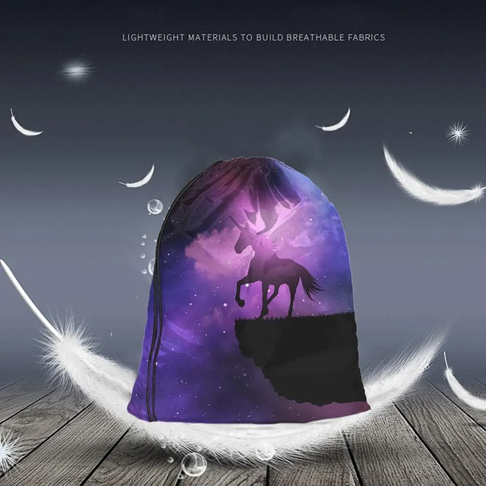 Unicorn Drawstring Bags Backpack Bag Purple Galaxy Space Magic Starry Night Sky Animal Silhouette Stars Sport Gym Sack Drawstring Bag String Bag Yoga Bag for Men Women