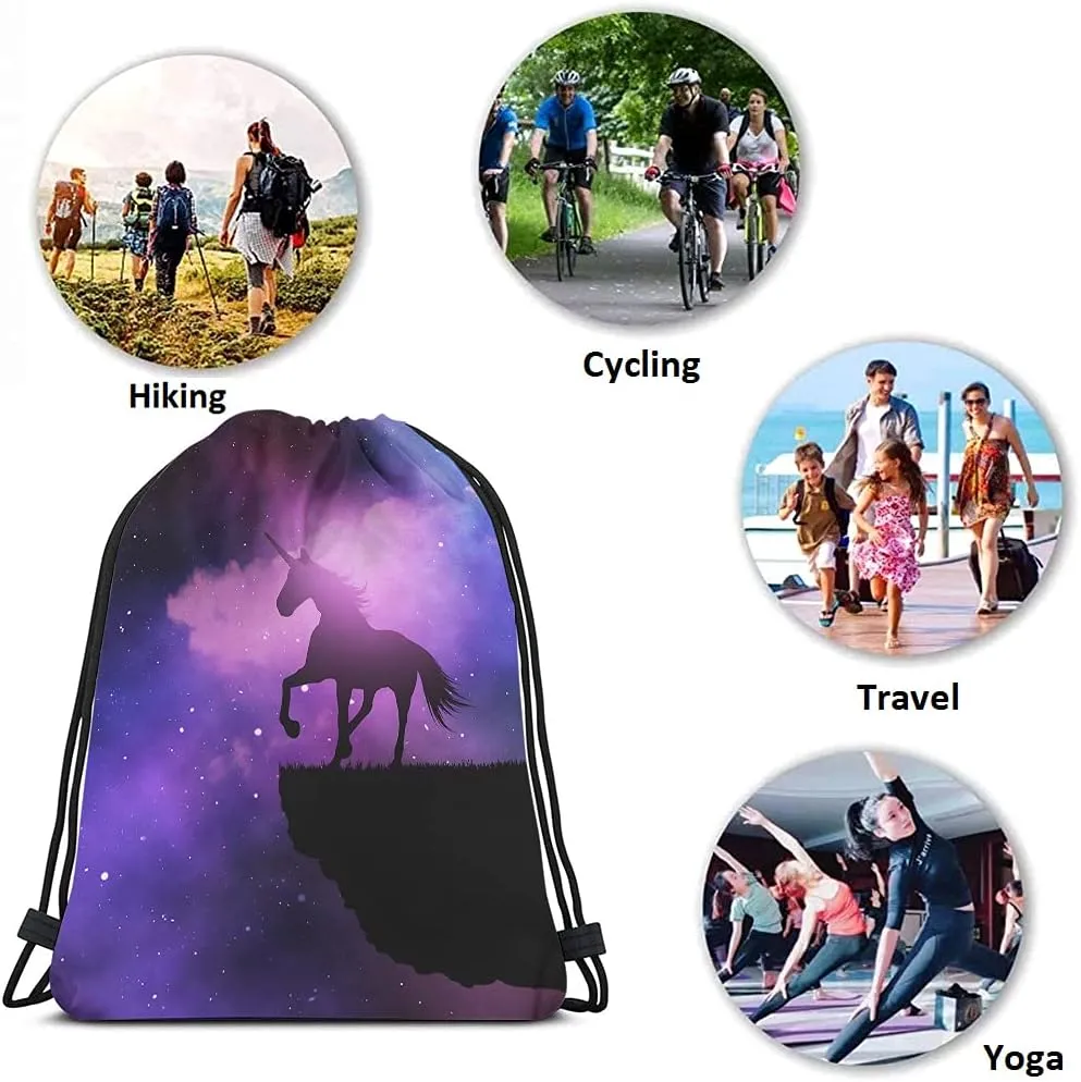 Unicorn Drawstring Bags Backpack Bag Purple Galaxy Space Magic Starry Night Sky Animal Silhouette Stars Sport Gym Sack Drawstring Bag String Bag Yoga Bag for Men Women