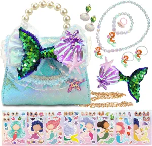 Unicorn Mermaid Butterfly Purse for Little Girls,Toddler Handbag with Kids Dress up Jewelry Set,Mini Pearl Cross Body Bag, Gifts for Birthday Xmas