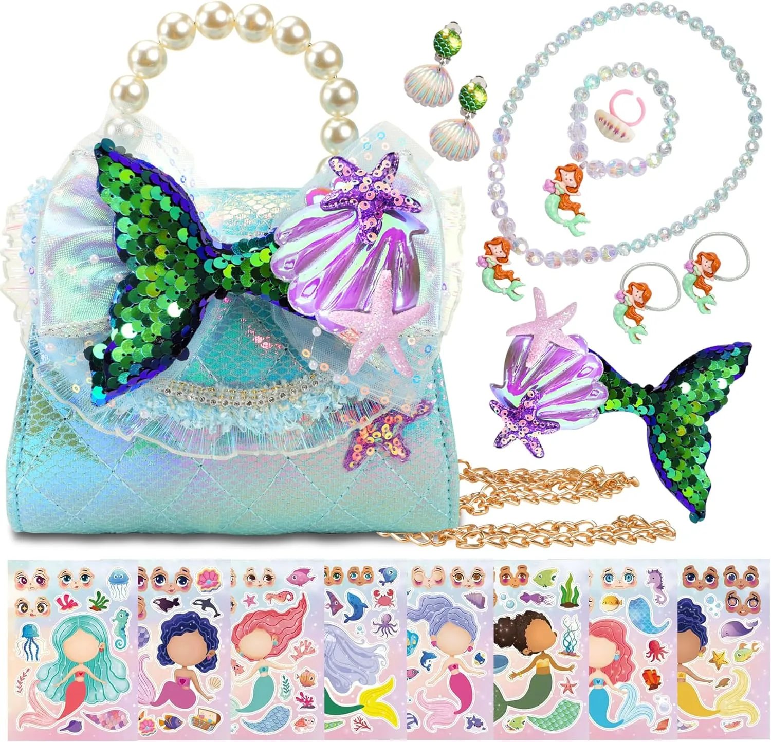 Unicorn Mermaid Butterfly Purse for Little Girls,Toddler Handbag with Kids Dress up Jewelry Set,Mini Pearl Cross Body Bag, Gifts for Birthday Xmas
