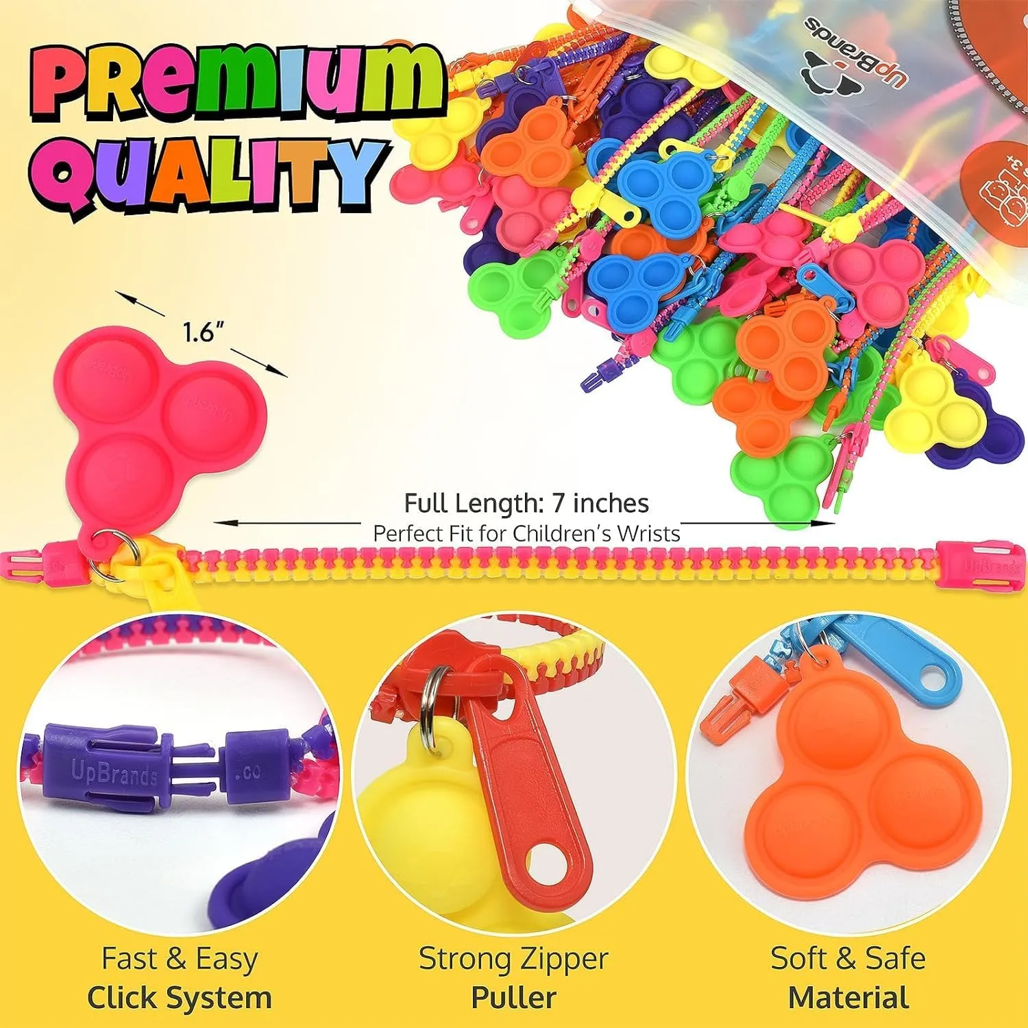 UpBrands 48 Upgraded Pop-It Zipper Bracelets For Kids, ADHD Fidget Toys, Fidgets For Kids, Anxiety Relief Fidget Toys, Kit For Halloween Trinkets, Goody Bags & Easter Eggs Hunt Fillers