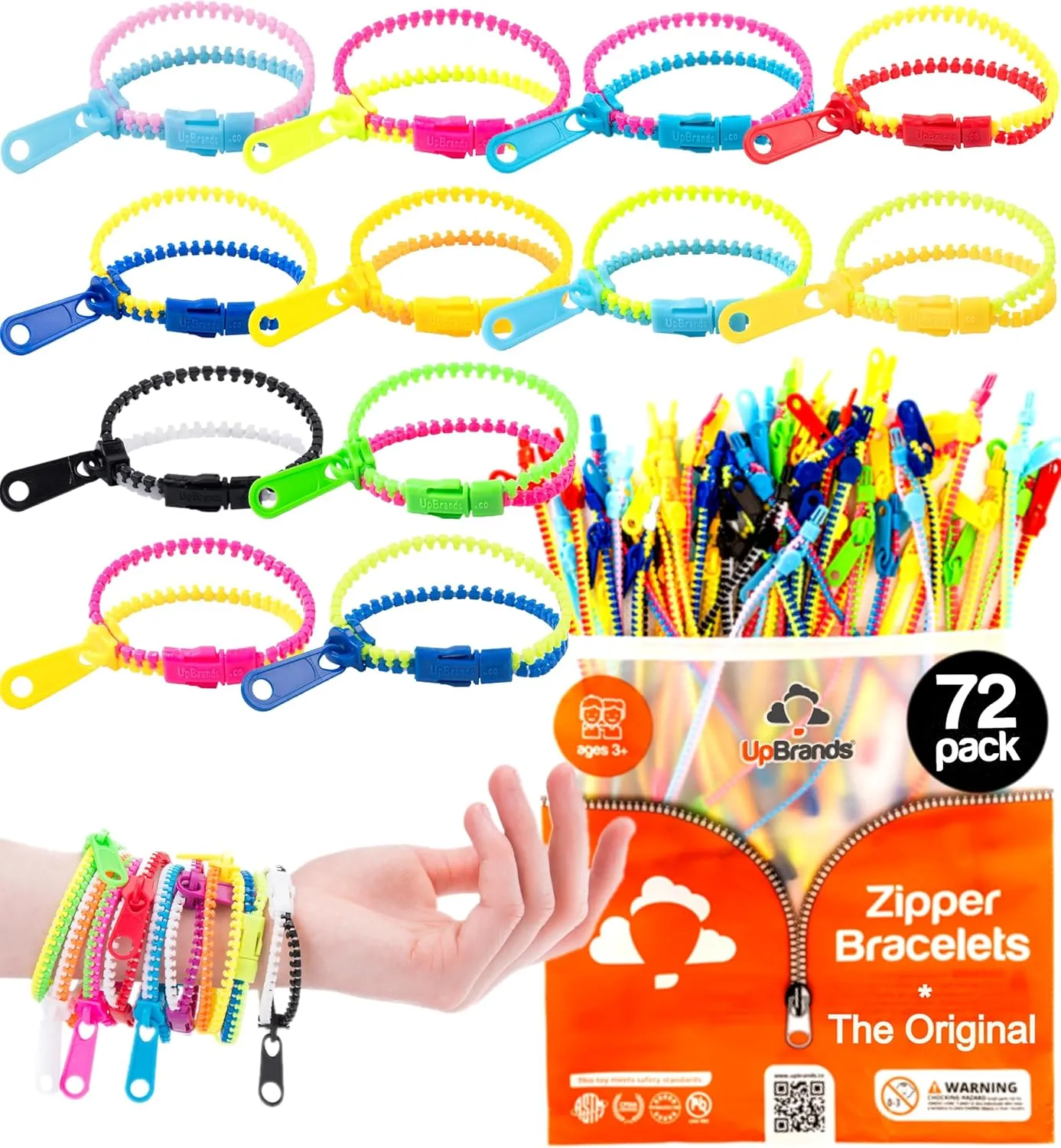UpBrands 72 Classroom Rewards, Party Favors for Kids, Friendship Zipper Bracelets 7.5” Sensory Bulk Set, Fidget Toys, Easter Basket Stuffers, Kit for Valentine, Birthday, Goodie Bag Easter Egg Fillers