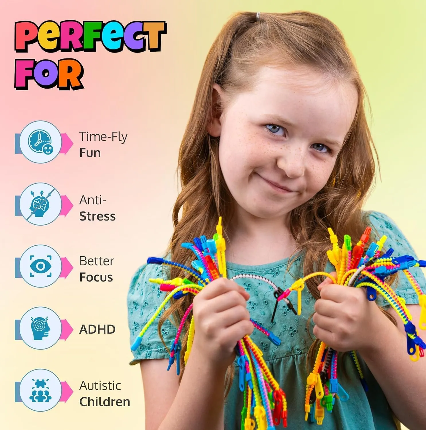 UpBrands 72 Classroom Rewards, Party Favors for Kids, Friendship Zipper Bracelets 7.5” Sensory Bulk Set, Fidget Toys, Easter Basket Stuffers, Kit for Valentine, Birthday, Goodie Bag Easter Egg Fillers
