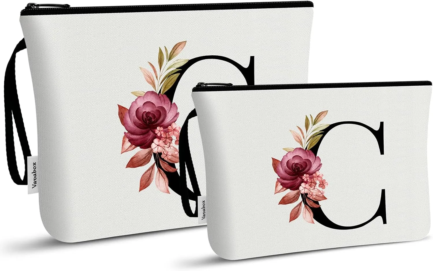 Vavabox 2 Pcs Initial Makeup Bag, A-Z Personalized Cosmetic Bag, Birthday Gifts for Women Mom Sister Friend, Bridesmaid Gift for Wedding (C, White)