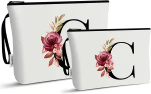 Vavabox 2 Pcs Initial Makeup Bag, A-Z Personalized Cosmetic Bag, Birthday Gifts for Women Mom Sister Friend, Bridesmaid Gift for Wedding (C, White)