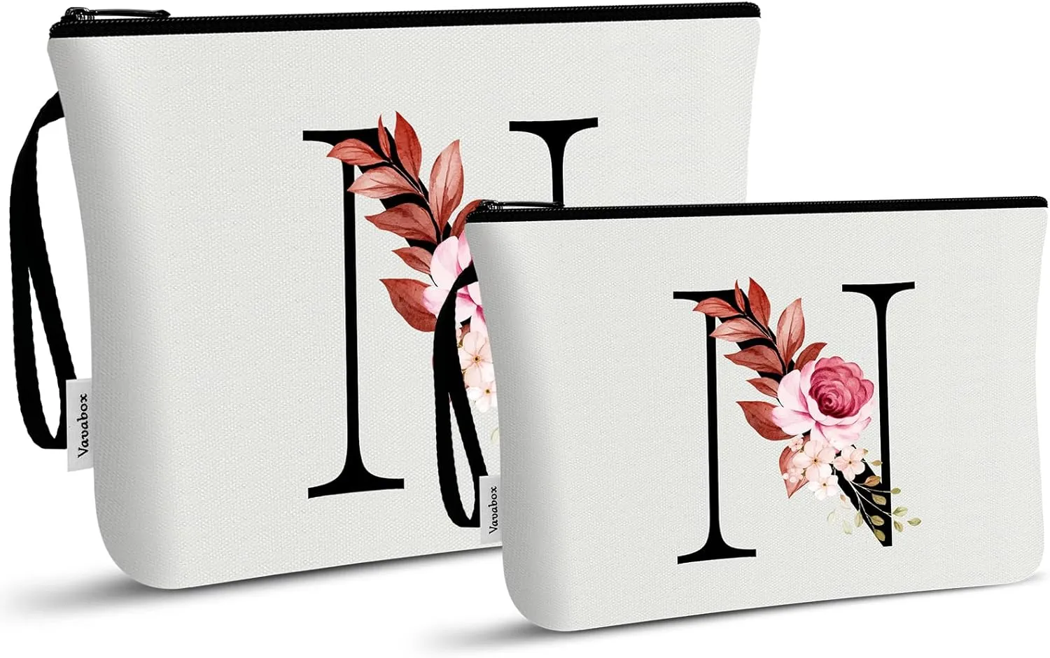 Vavabox 2 Pcs Initial Makeup Bag, A-Z Personalized Cosmetic Bag, Birthday Gifts for Women Mom Sister Friend, Bridesmaid Gift for Wedding (N, White)