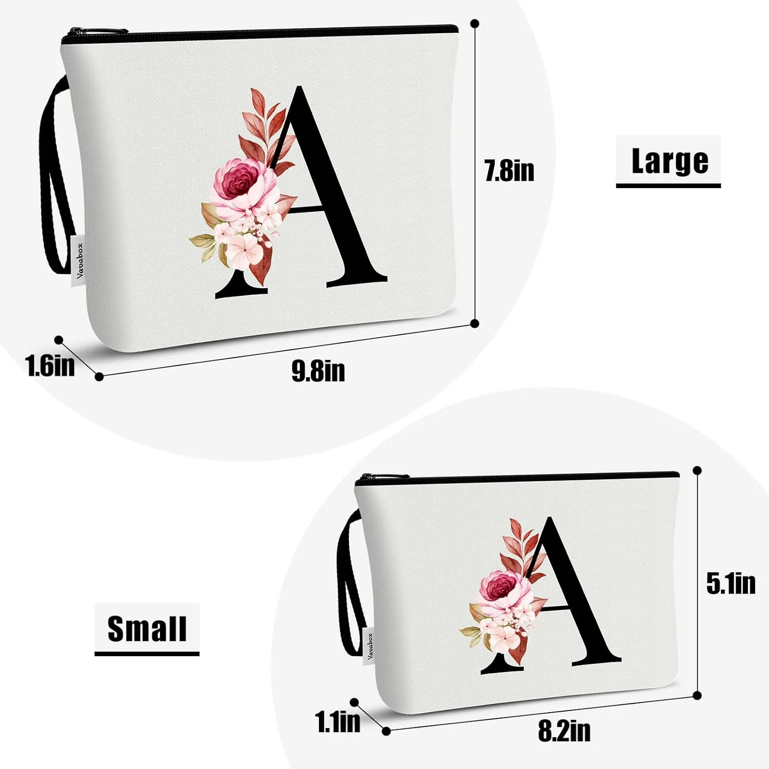 Vavabox 2 Pcs Initial Makeup Bag, A-Z Personalized Cosmetic Bag, Birthday Gifts for Women Mom Sister Friend, Bridesmaid Gift for Wedding (N, White)