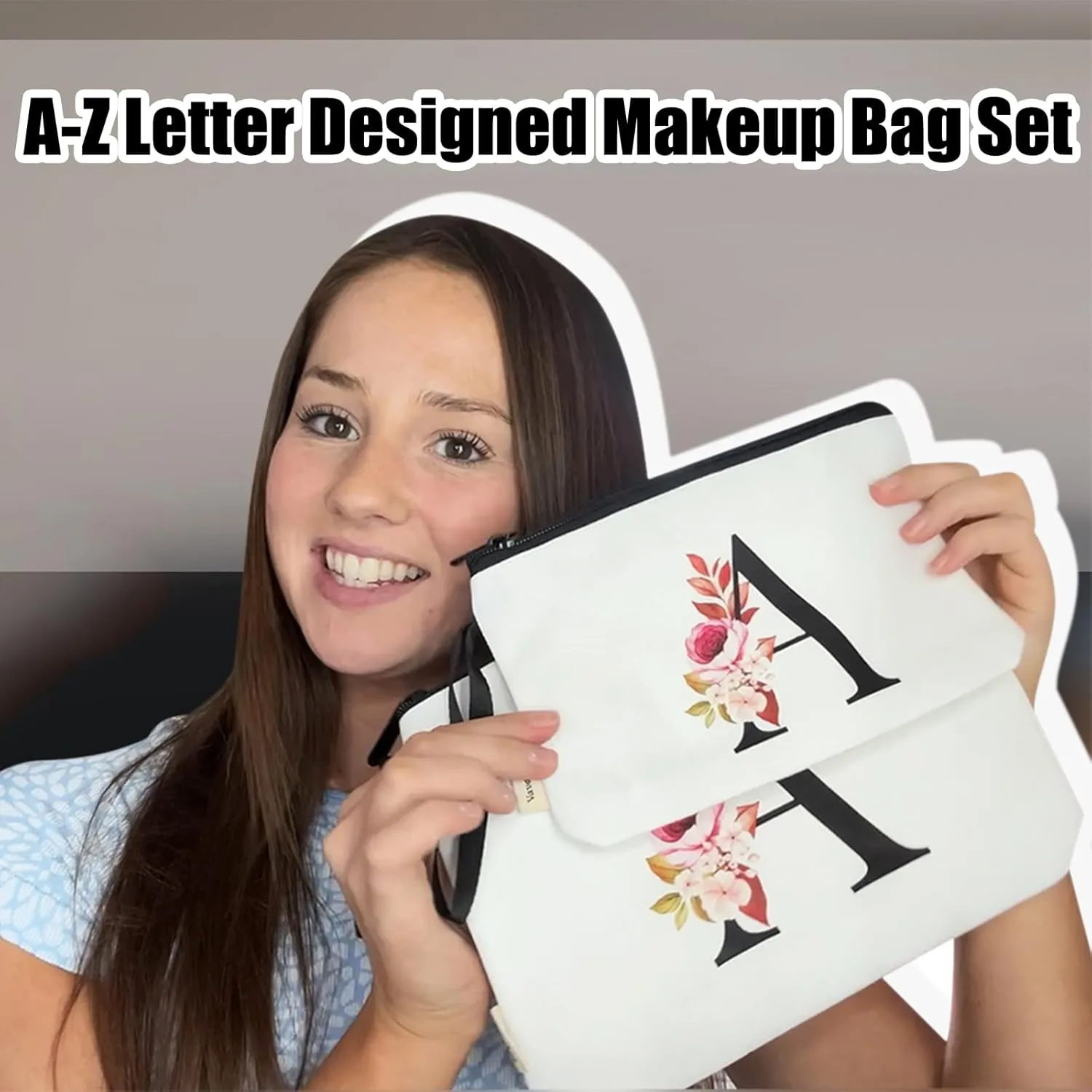 Vavabox 2 Pcs Initial Makeup Bag, A-Z Personalized Cosmetic Bag, Birthday Gifts for Women Mom Sister Friend, Bridesmaid Gift for Wedding (N, White)