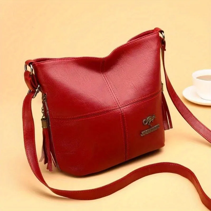 Vegan Leather Bucket Bag Durable Stitching Crossbody Style Solid Shoulder Purse