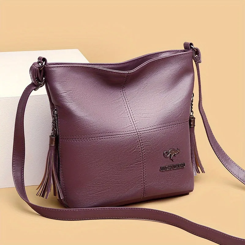 Vegan Leather Bucket Bag Durable Stitching Crossbody Style Solid Shoulder Purse