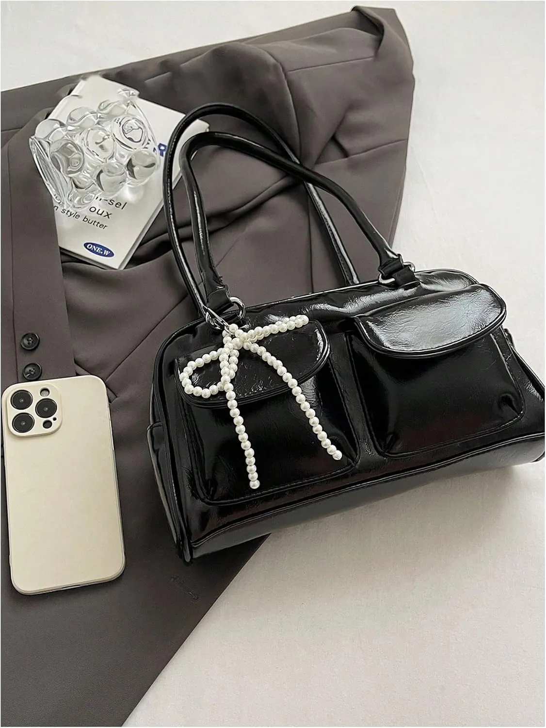 Verdusa Women's Bow Leather Shoulder Handbags Vintage Top Handle Bowling Bag with Pocket