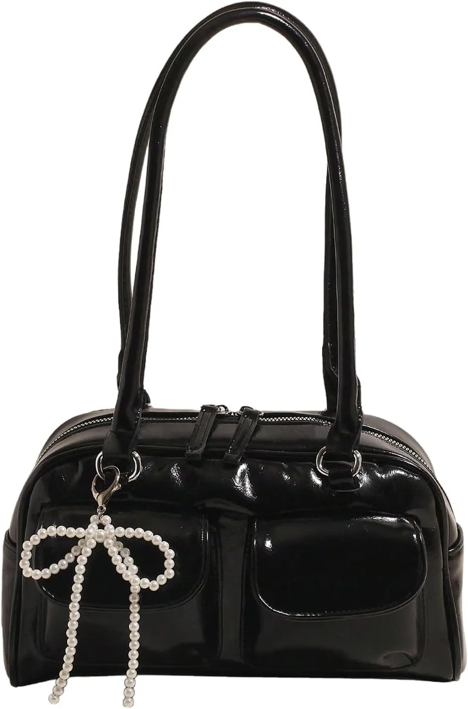 Verdusa Women's Bow Leather Shoulder Handbags Vintage Top Handle Bowling Bag with Pocket