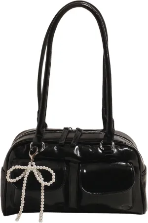 Verdusa Women's Bow Leather Shoulder Handbags Vintage Top Handle Bowling Bag with Pocket