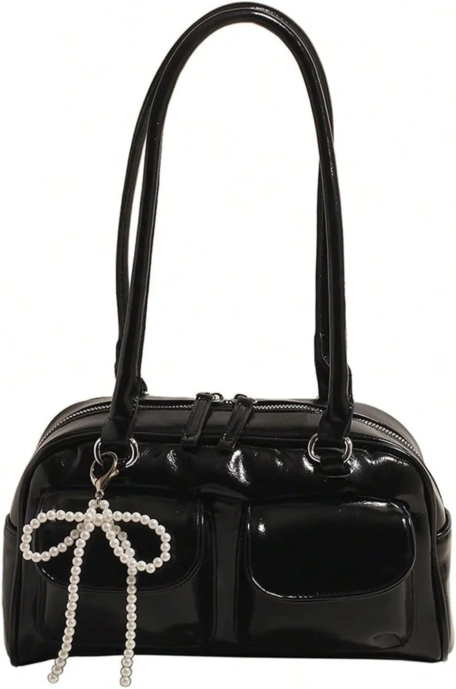 Verdusa Women's Bow Leather Shoulder Handbags Vintage Top Handle Bowling Bag with Pocket