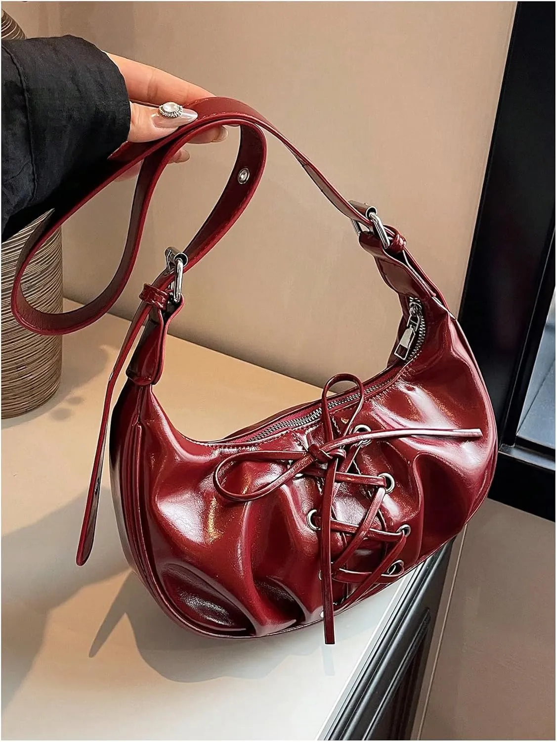 Verdusa Women's Vintage Lace Up Leather Bags Top Handle Crescent Shoulder Handbags