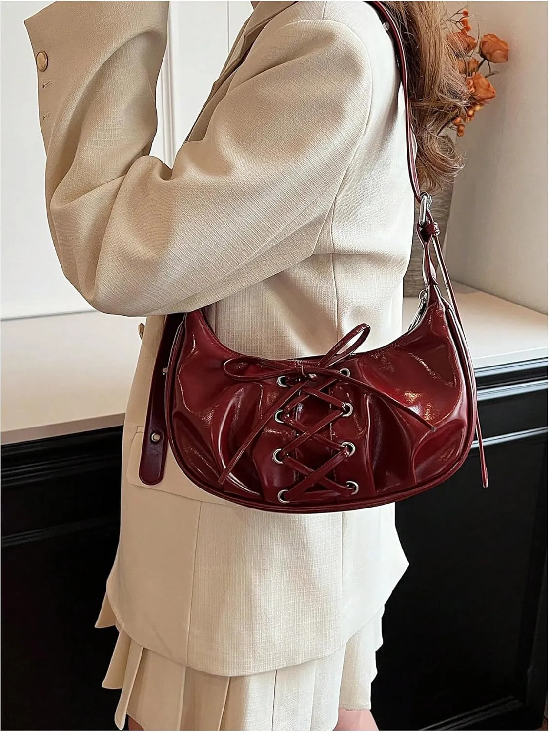 Verdusa Women's Vintage Lace Up Leather Bags Top Handle Crescent Shoulder Handbags