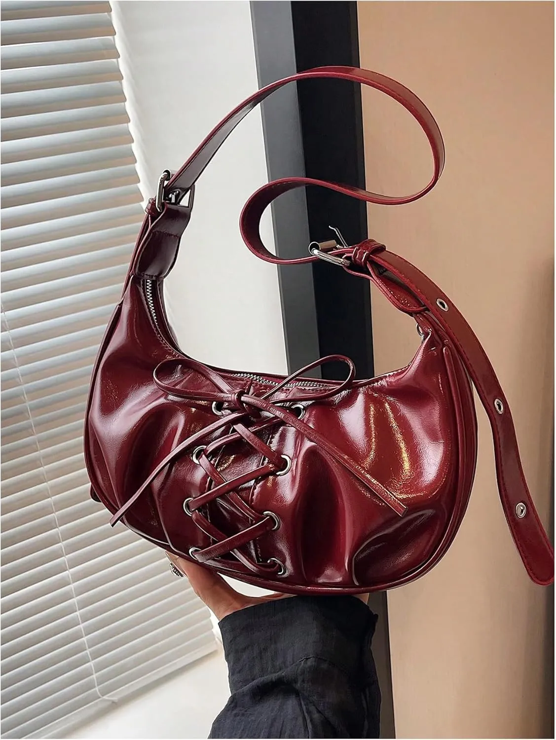 Verdusa Women's Vintage Lace Up Leather Bags Top Handle Crescent Shoulder Handbags
