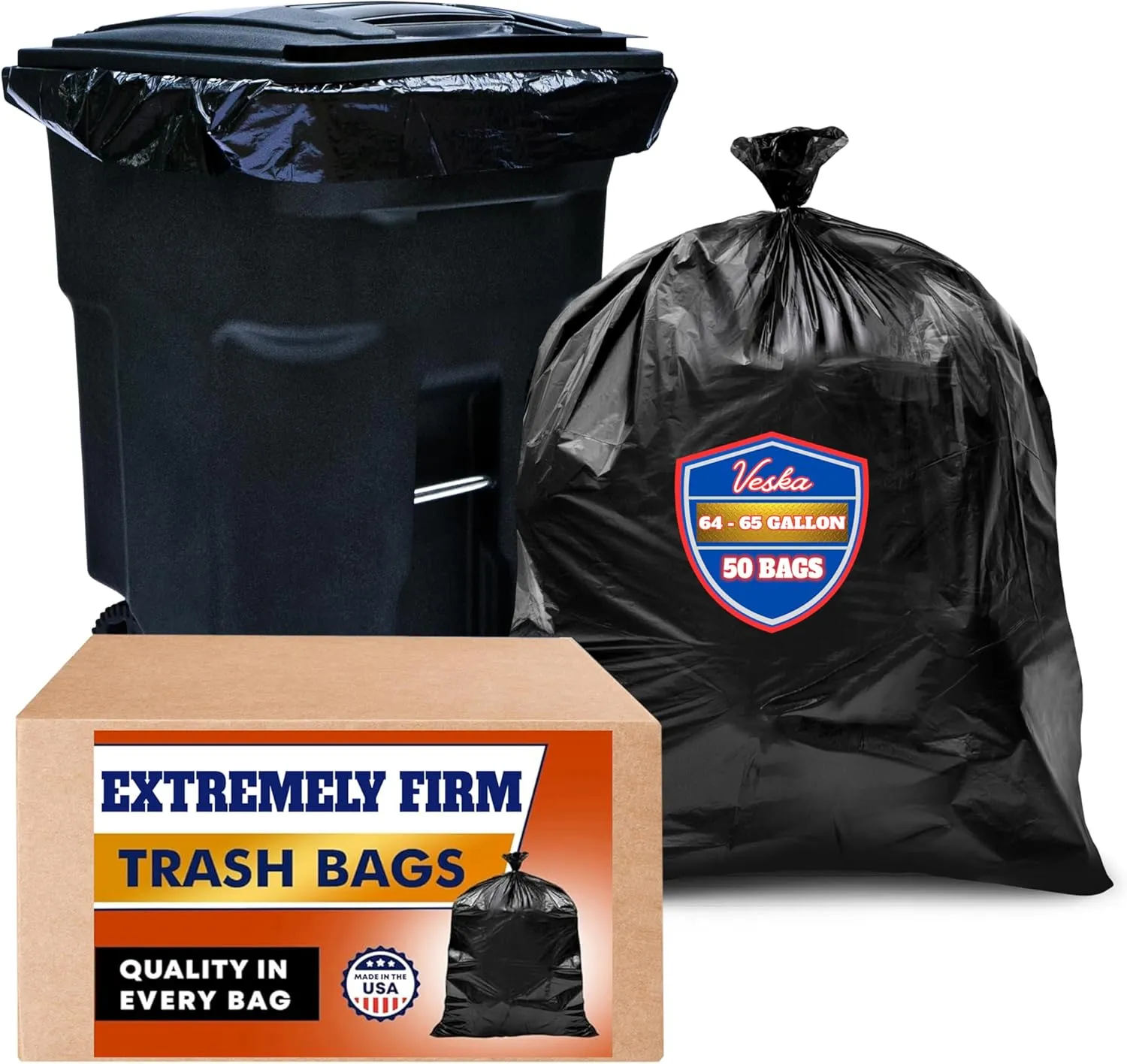 Veska 65 Gallon Trash Bags for Toter, (Value-Pack 50 Count w/Ties) Large 64 Bags Gallon Heavy Duty, Heavy Duty, 60 Gal for Outdoor Garbage Can Liner, Custodians