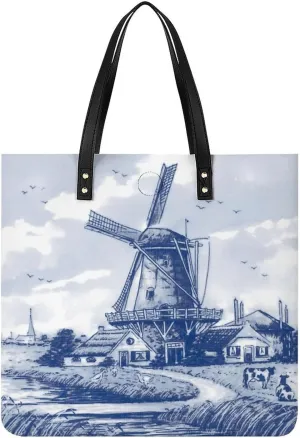 Vintage Blue Nederland Dutch Windmill Delft Women Tote Bags Top Handle Satchel Handbags PU Faux Leather Tassel Shoulder Purse