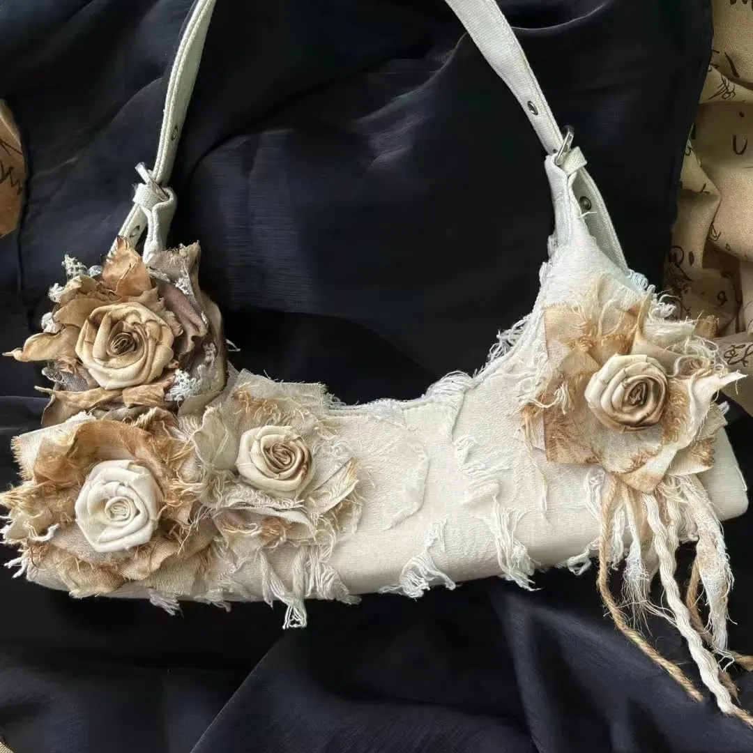 Vintage Lace Rose Hobo Bags, Handmade Shoulder Tote HandBag for Women, Duke Red Roses Lace Tote Bags