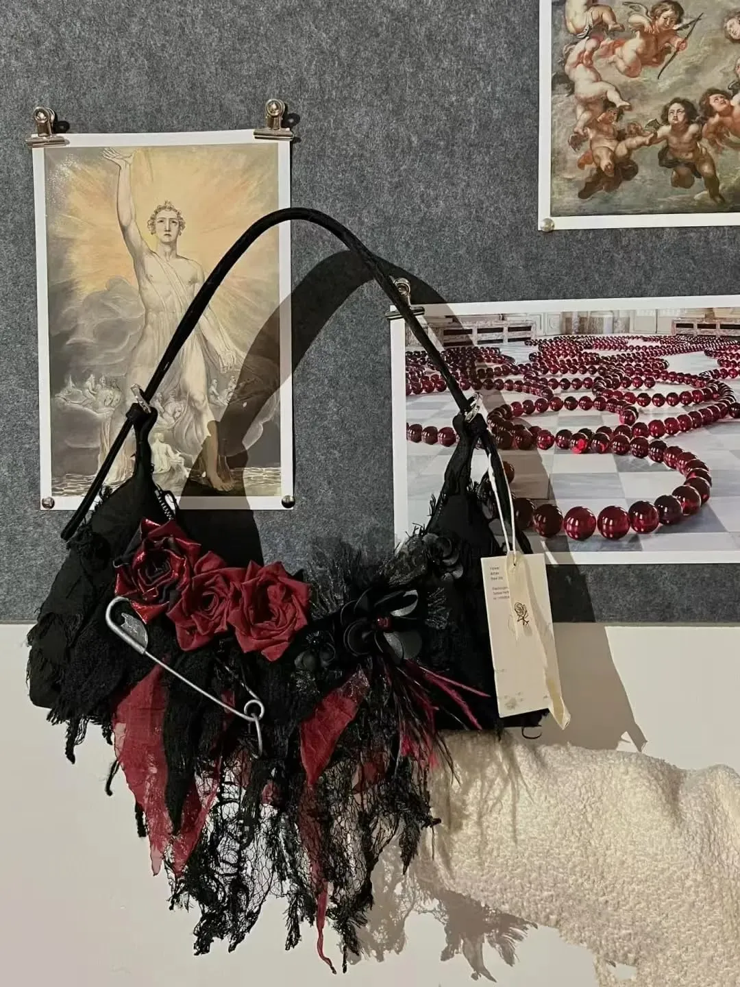 Vintage Lace Rose Hobo Bags, Handmade Shoulder Tote HandBag for Women, Duke Red Roses Lace Tote Bags