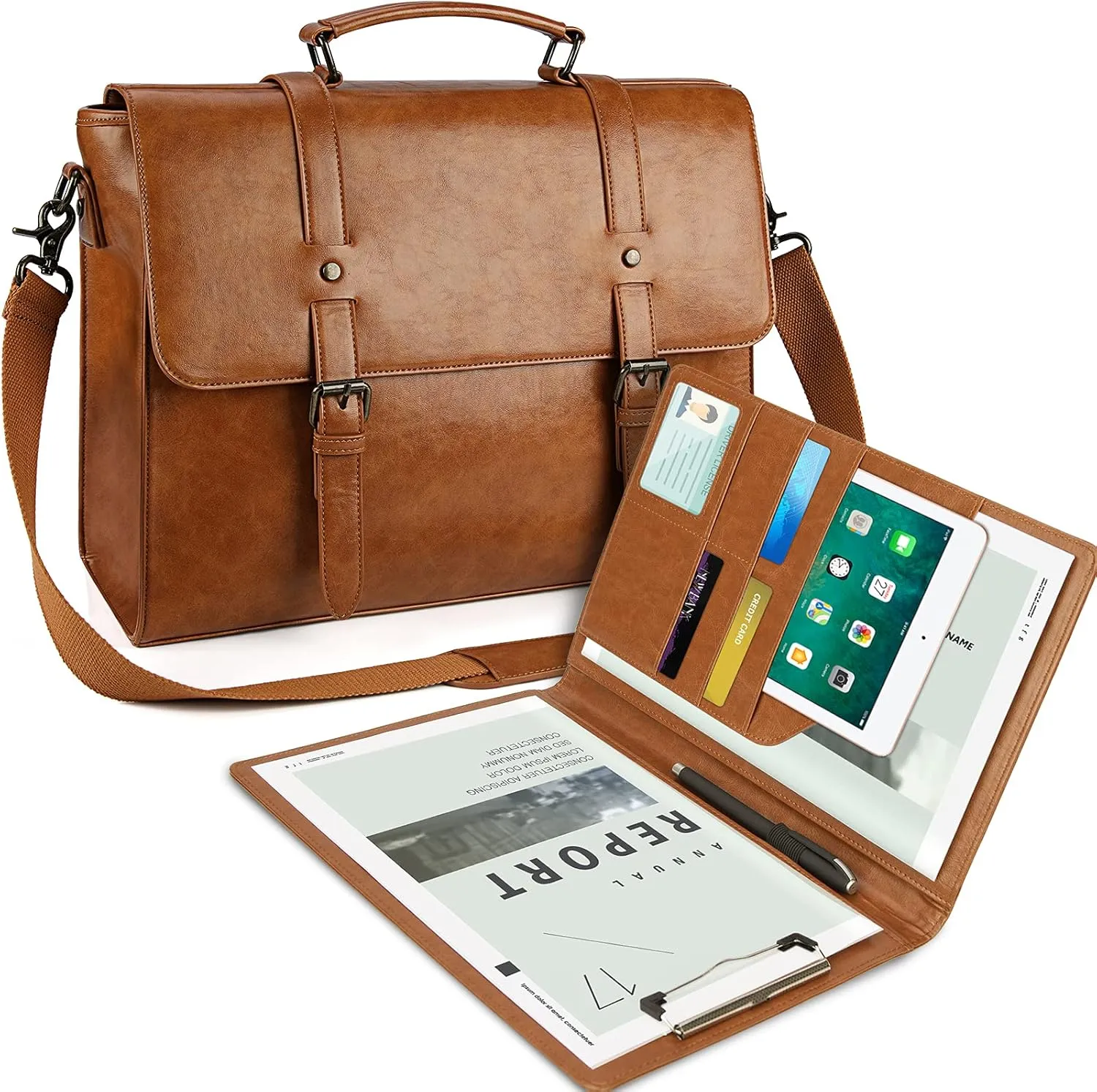 Vintage Leather Mens Messenger Bag - 15.6 Inch Laptop Briefcase Satchel Shoulder Bag with Leather Padfolio