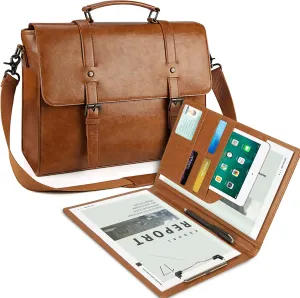Vintage Leather Mens Messenger Bag - 15.6 Inch Laptop Briefcase Satchel Shoulder Bag with Leather Padfolio