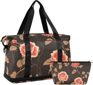 Vintage Reddish-brown Peony Flowers Sports Tote Gym Bag Large Carry On Bag with Adjustable Strap for Gym 2 Pcs Set