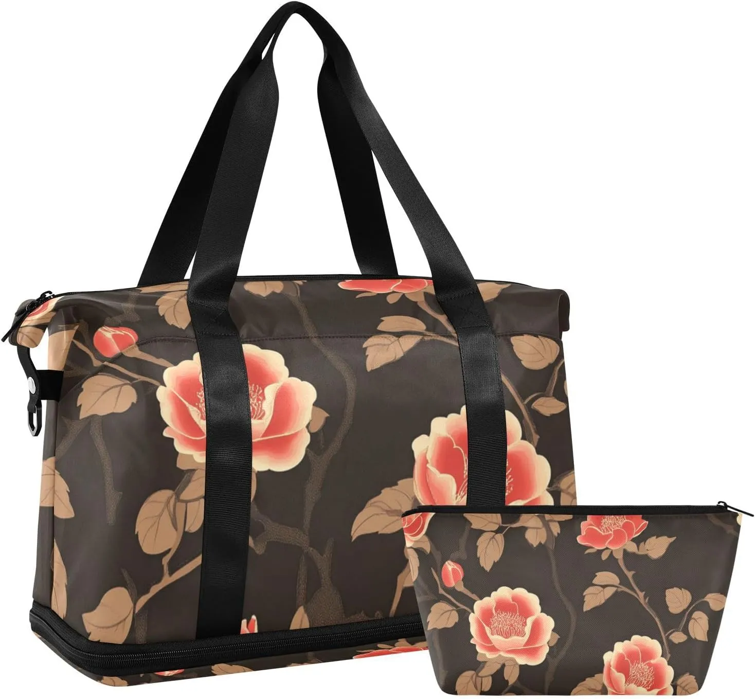 Vintage Reddish-brown Peony Flowers Sports Tote Gym Bag Large Carry On Bag with Adjustable Strap for Gym 2 Pcs Set